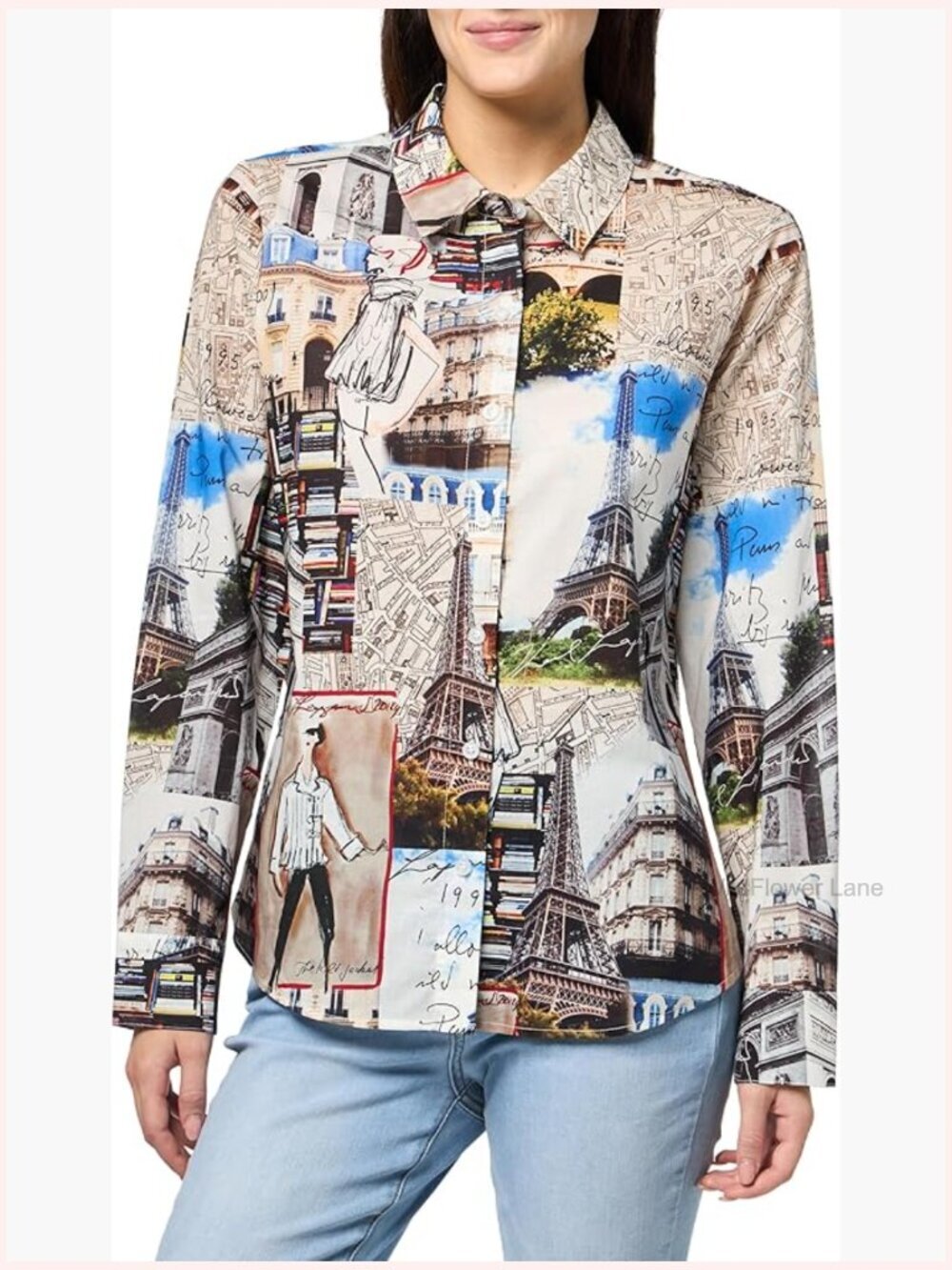 Long Sleeve Printed Light Weight Blouse with Button Down Collar